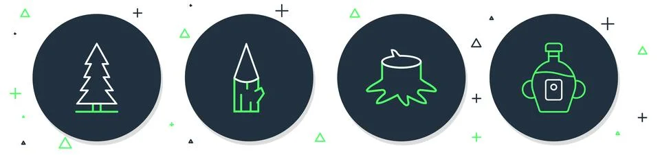 Set line Wooden log, Tree stump, Canadian spruce and Maple syrup icon. Vector 스톡 일러스트
