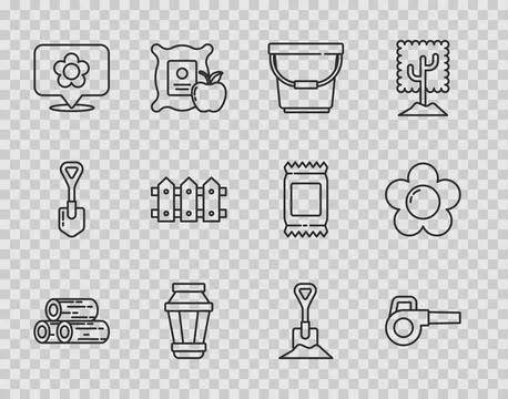 Set line Wooden logs, Leaf garden blower, Bucket, Garden light lamp, Location Illustration