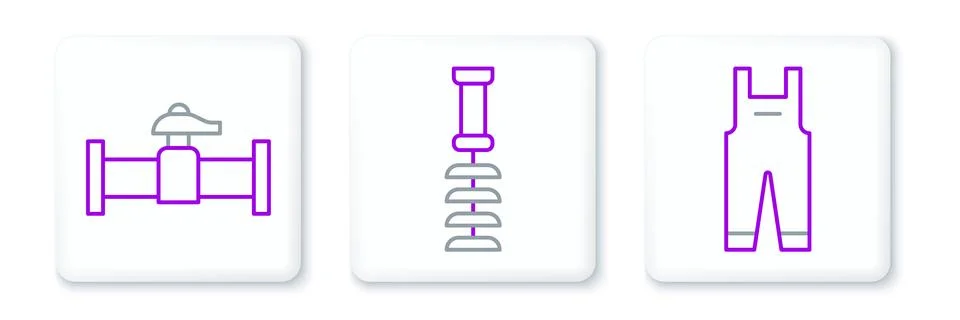 Set line Work overalls, Industry pipe and valve and Toilet brush icon. Vector Illustrazione stock