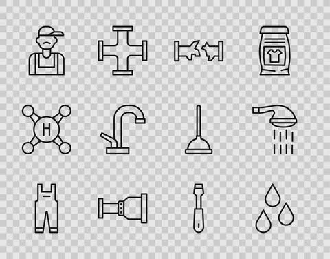 Set line Work overalls, Water drop, Broken pipe, Pipe adapter, Plumber, tap Ilustração Stock