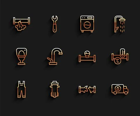 Set line Work overalls, Water filter, Broken pipe, Plumber service car, tap Stock Illustration