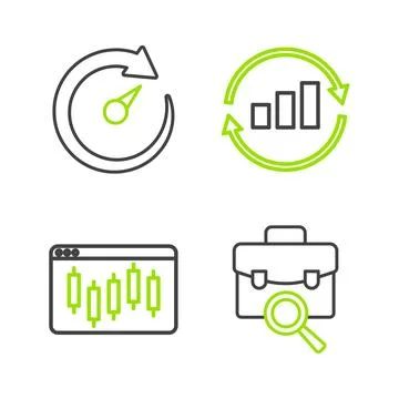 Set line Work search, Browser with stocks market, Graph chart infographic a.. Stock-Illustration