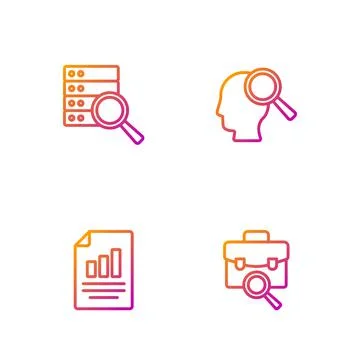 Set line Work search, Document with graph chart, Server and Search people Illustrazione stock