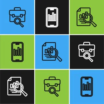 Set line Work search, Document with graph chart and Mobile icon. Vector Illustrazione stock