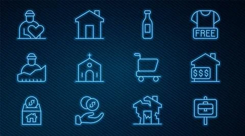 Set line Work search, House with dollar, Bottle of water, Church building Ilustración de archivo