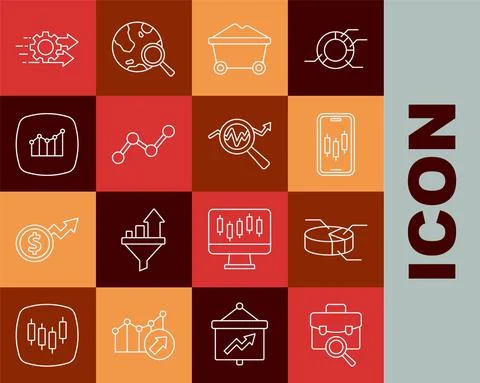 Set line Work search, Pie chart infographic, Mobile stock trading, Coal mine Stock-Illustration