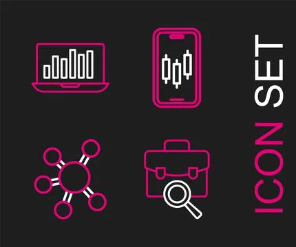 Set line Work search, Project team base, Mobile stock trading and Laptop with Illustrazione stock