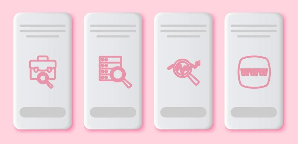 Set line Work search, Server, Search data analysis and Website template. White Illustrazione stock