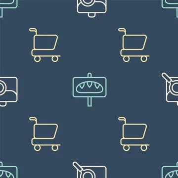 Set line Work search, Shopping cart and Donation food on seamless pattern Illustrazione stock