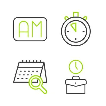 Set line Work time, Calendar search, Stopwatch and Morning icon. Vector Illustrazione stock