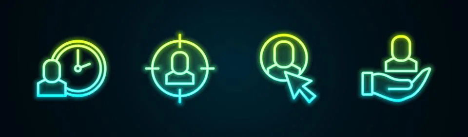 Set line Work time, Head hunting, Worker and . Glowing neon icon. Vector Stock Illustration