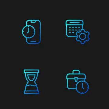 Set line Work time, Old hourglass, Alarm clock app mobile and Calendar sett.. Illustrazione stock