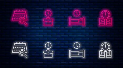 Set line Work time, Time to sleep, Calendar search and is money. Glowing neon Stock Illustration