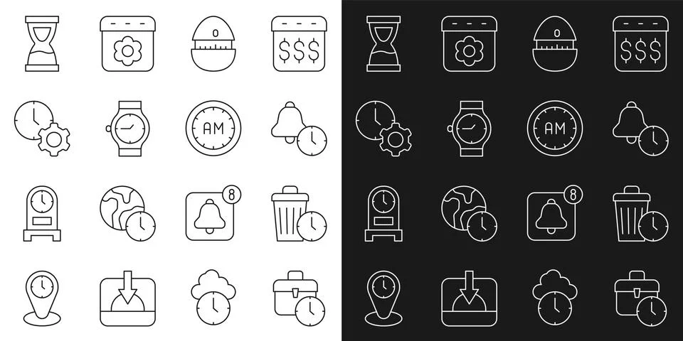 Set line Work time, Waste of, Alarm clock, Kitchen timer, Wrist watch, Time.. Stock Illustration