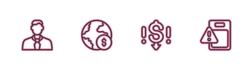 Set line Worker, Dollar rate decrease, Global economic crisis and  icon. Vect Stock Illustration