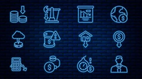 Set line Worker, Dollar rate decrease, Pie chart infographic, Drop crude oil Stock Illustration