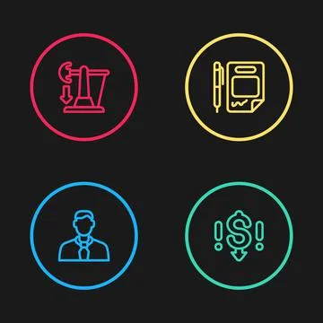 Set line Worker, Dollar rate decrease, Contract money and pen and Drop in crude Illustrazione stock