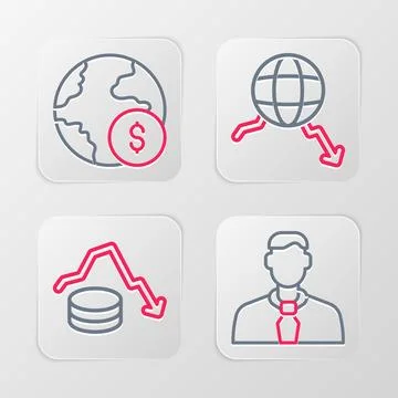 Set line Worker, Dollar rate decrease, Global economic crisis and icon. Vector 库存插图