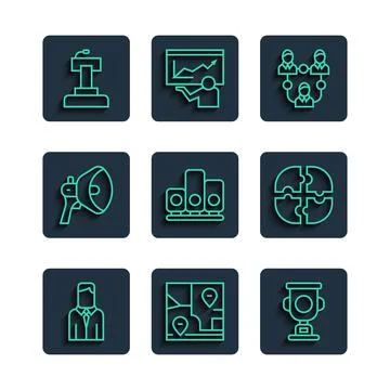 Set line Worker, Folded map with location, Award cup, Project team base, Ranking Illustrazione stock