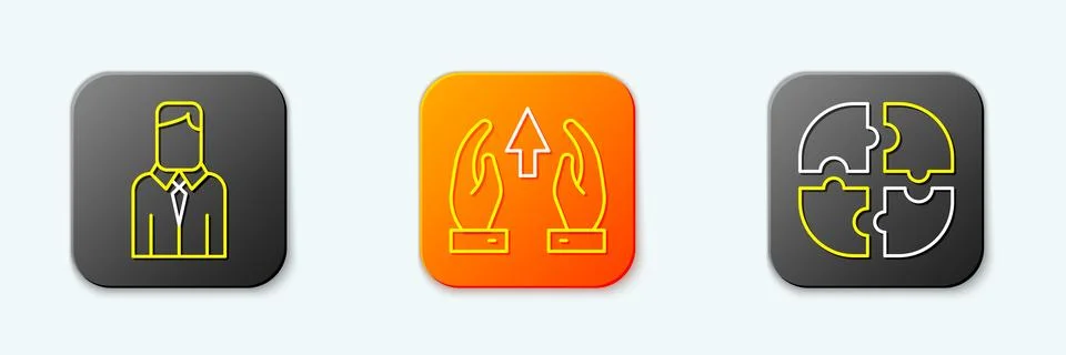 Set line Worker, Growth chart and progress and Piece of puzzle icon. Vector Illustrazione stock