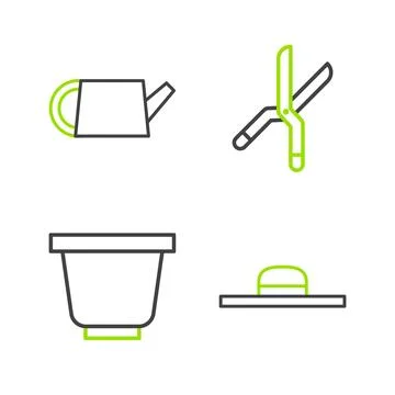 Set line Worker hat, Flower pot, Gardening handmade scissors and Watering can Illustration