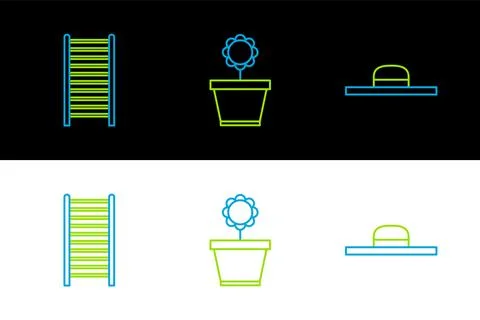 Set line Worker hat, Wooden staircase and Flower in pot icon. Vector Stock Illustration