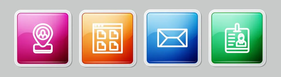 Set line Worker location, Browser files, Envelope and Identification badge Stock Illustration