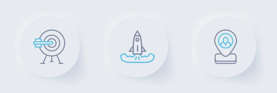 Set line Worker location, Rocket and Target with arrow icon. Vector Stock Illustration