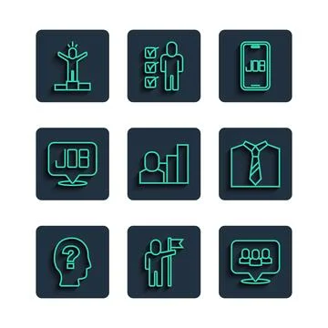 Set line Worker, Man holding flag, Project team base, Search job, Productive Stock Illustration