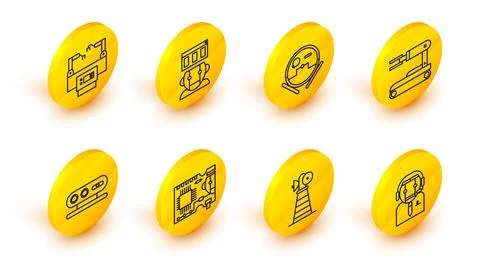 Set line Worker robot Antenna Printed circuit board PCB 3d scanning system Ro Illustrazione stock