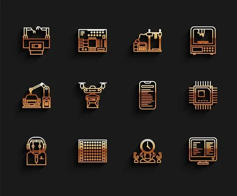 Set line Worker robot, Assembly line, Robot and digital time manager, Computer Stock Illustration