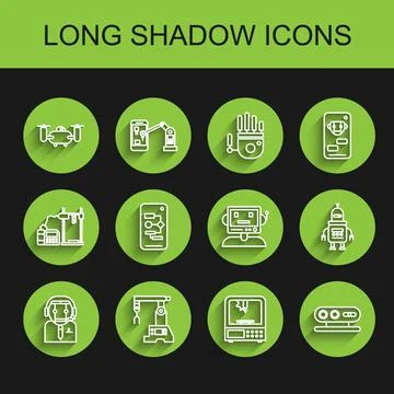 Set line Worker robot, Assembly line, Drone flying with action camera, 3D Illustrazione stock