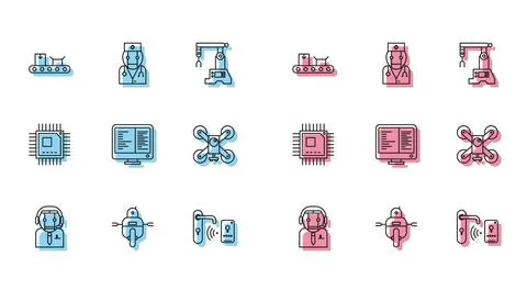 Set line Worker robot, Digital door lock wireless technology for unlock Illustrazione stock