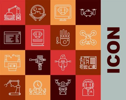 Set line Worker robot, Drone flying with action camera, Bot, User manual 스톡 일러스트