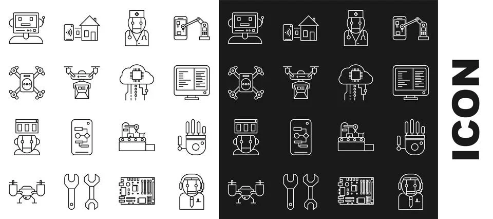 Set line Worker robot, Mechanical hand, Computer monitor screen, Robot doct.. Illustrazione stock