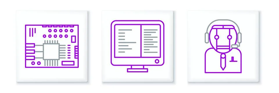 Set line Worker robot, Printed circuit board PCB and Computer monitor screen Illustrazione stock