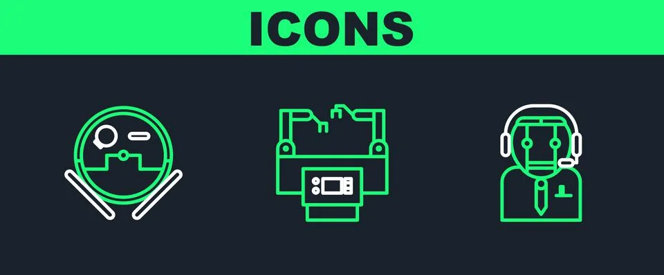 Set line Worker robot, Robot vacuum cleaner and Assembly line icon. Vector Stock Illustration