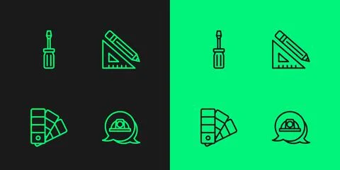 Set line Worker safety helmet, Color palette guide, Screwdriver and Triangular Stock Illustration
