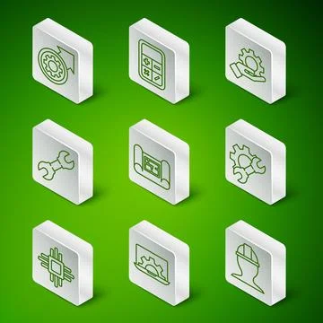 Set line Worker safety helmet, Laptop and gear, Gear arrows as workflow pro.. Stock Illustration