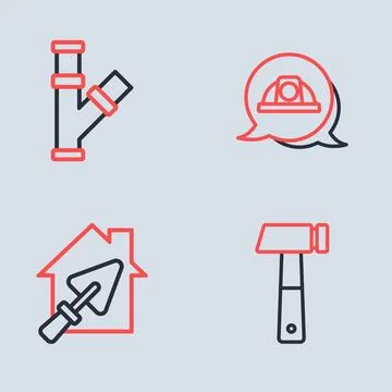 Set line Worker safety helmet, House with trowel, Hammer and Industry metal.. Stock Illustration