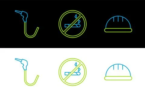 Set line Worker safety helmet, Gasoline pump nozzle and No Smoking icon. Vect Stock Illustration