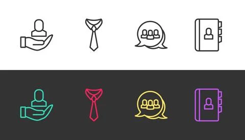 Set line Worker, Tie, Project team base and Resume on black and white. Vector Stock Illustration