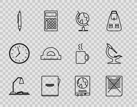 Set line Workplace with table lamp and open book, Earth globe, Notebook, Pen Stock Illustration