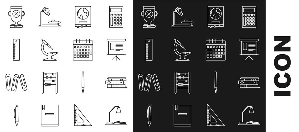 Set line Workplace with table lamp and open book, schedule, chart, diagram Stock Illustration