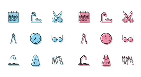 Set line Workplace with table lamp and open book, School backpack, Calendar Stock Illustration