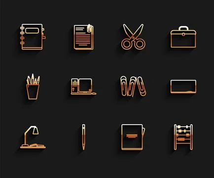 Set line Workplace with table lamp and open book, Pencil eraser, Notebook Stock Illustration