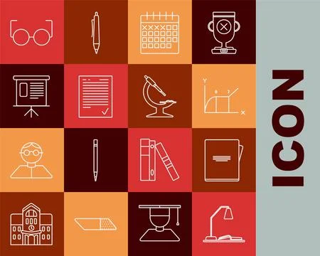 Set line Workplace with table lamp and open book, Calendar, Exam sheet check Stock Illustration