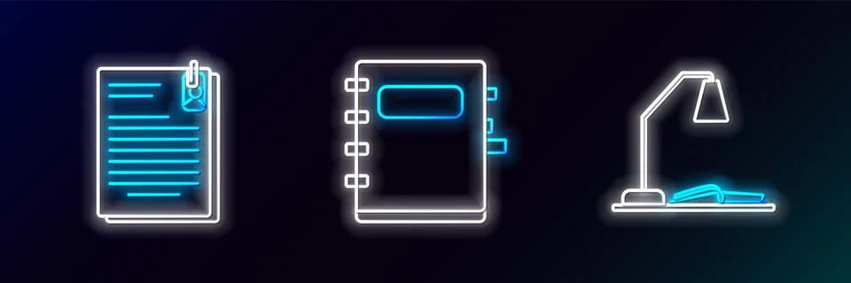 Set line Workplace with table lamp and open book, File document paper clip .. Illustrazione stock