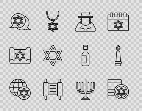 Set line World Globe and Israel, Jewish coin, Orthodox jewish hat, Torah sc.. Stock Illustration