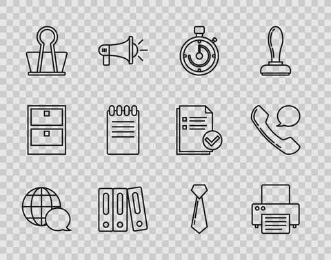 Set line World map made from speech bubble, Printer, Briefcase, Office folders Stock Illustration